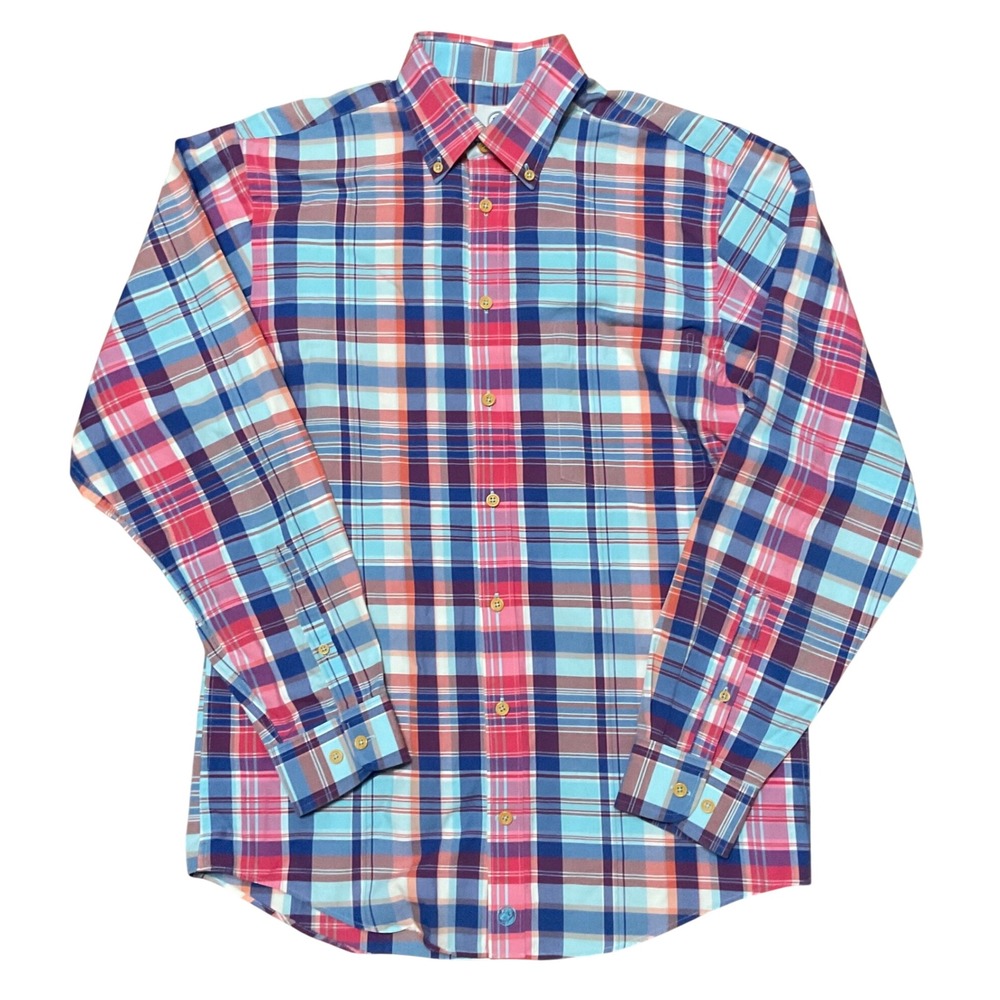 Southern Proper Mens Small Plaid Button Down Shirt Pink Blue Cotton Long Sleeve